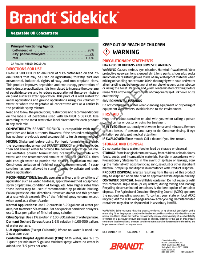 BRANDT Sidekick 93% Vegetable Oil Concentrate (Cotton Seed Oil)