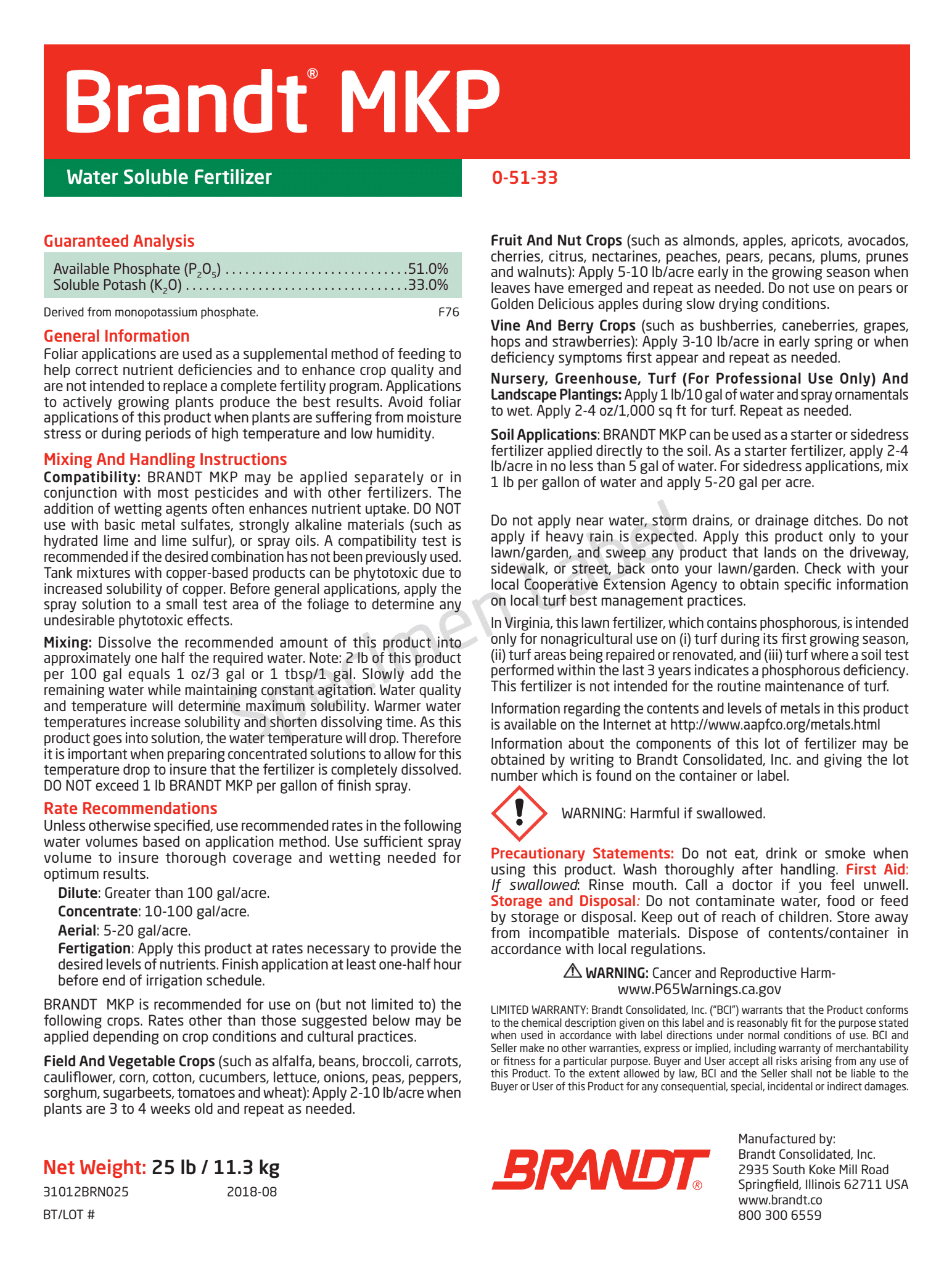 BRANDT MKP (0-51-33) Water Soluble Fertilizer