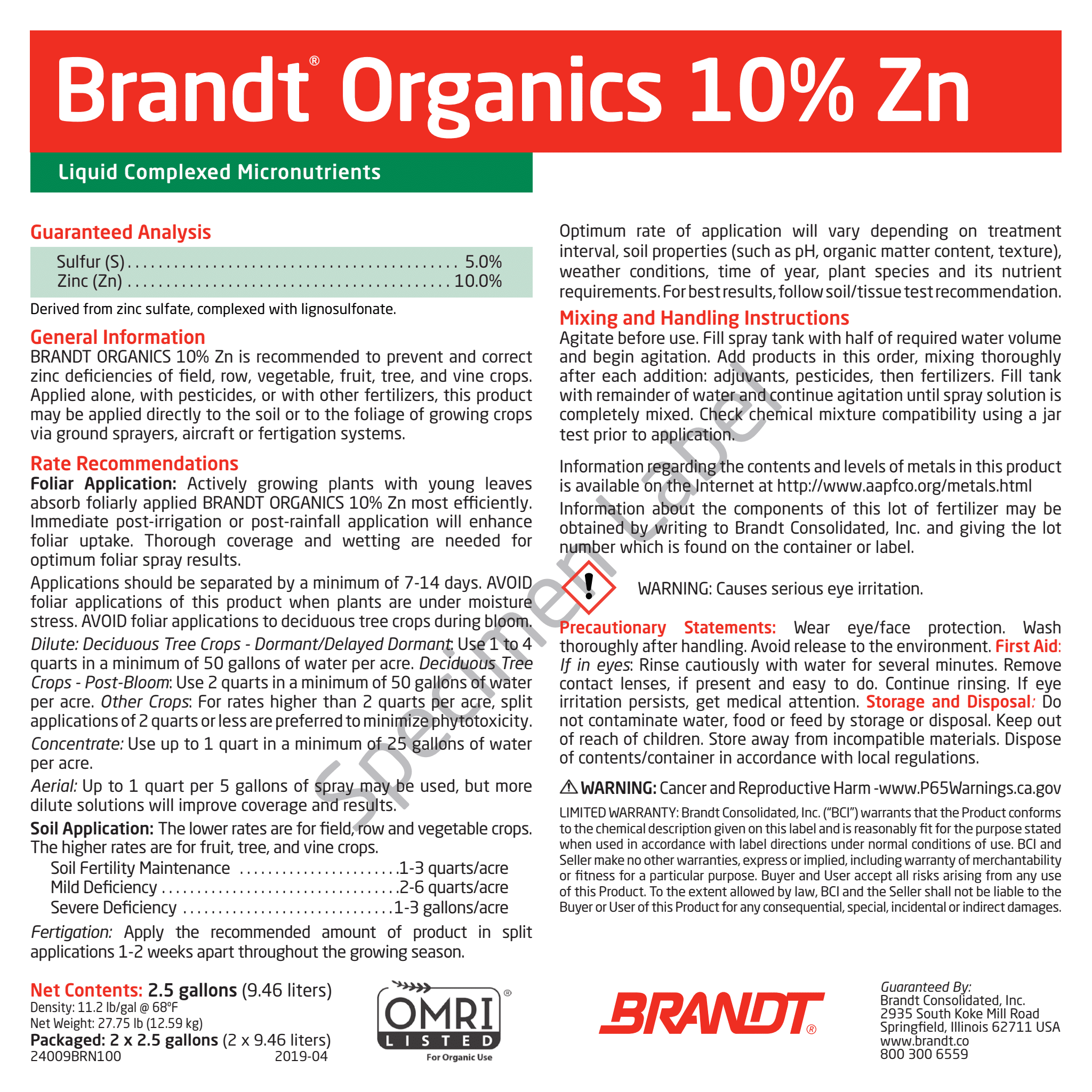 BRANDT Organics 10% Zn (O)