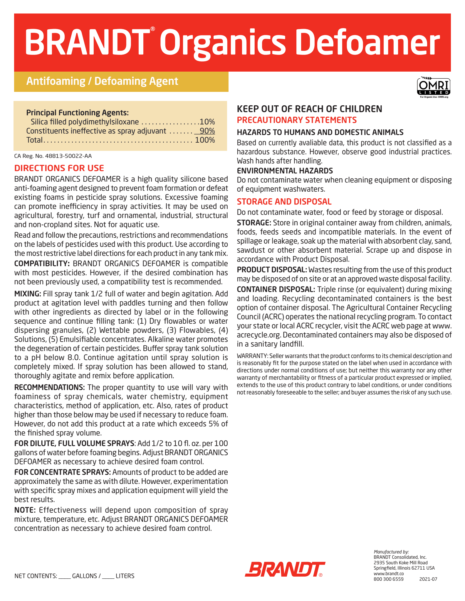 BRANDT Organics Defoamer Spray Tank Defoamer(O)