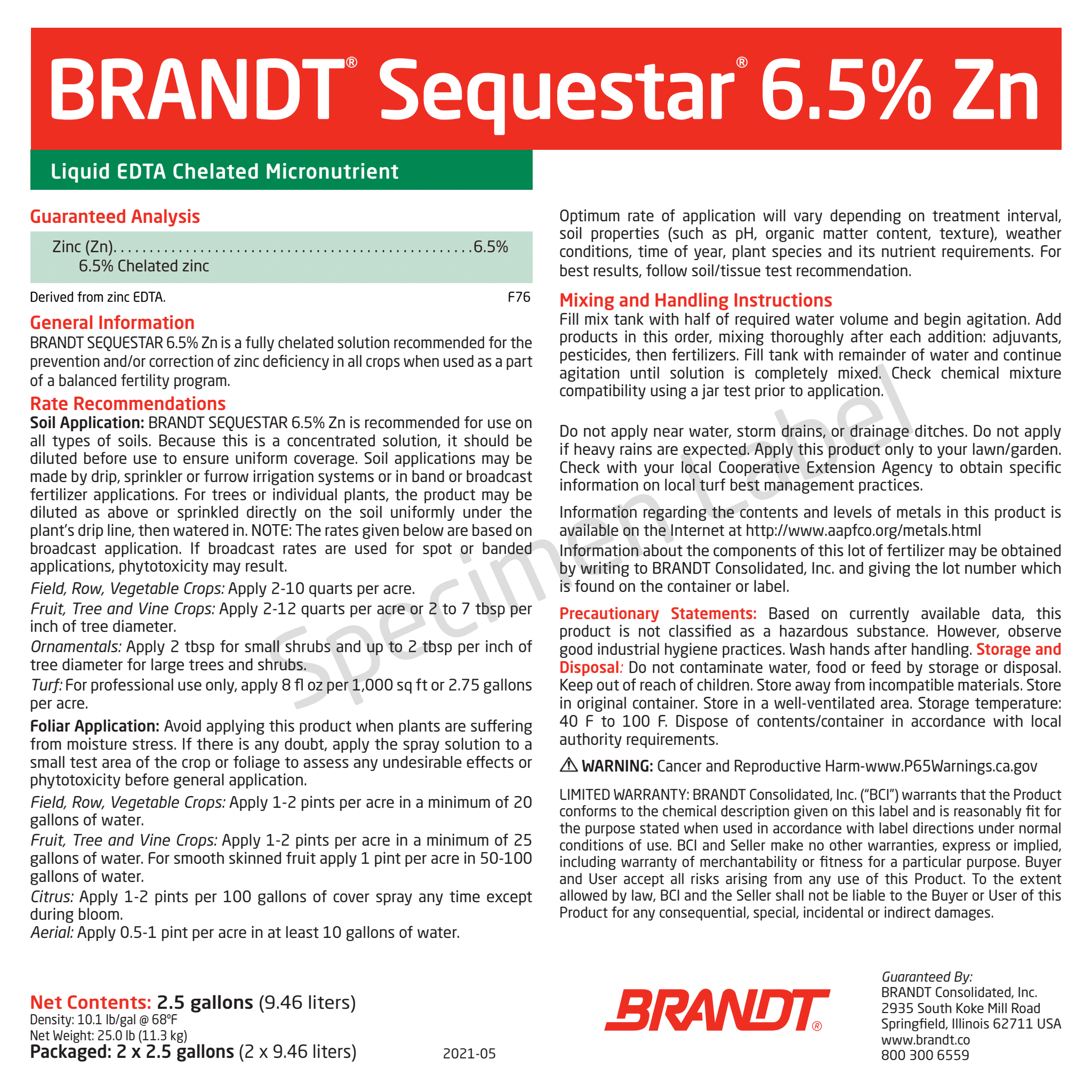 BRANDT Sequestar® 6.5% Zn - EDTA Liquid