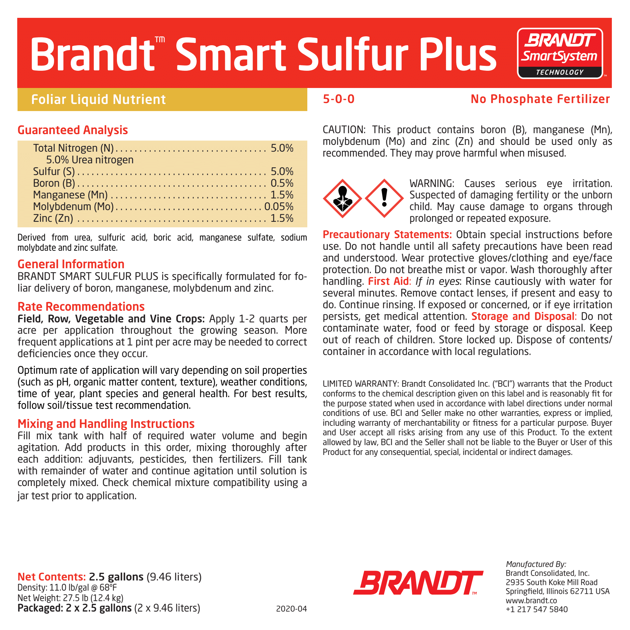 BRANDT® Smart Sulfur Plus - 5% N,
0.05% B, 1.5% Mn, 0.05% Mo, 1.5% Zn