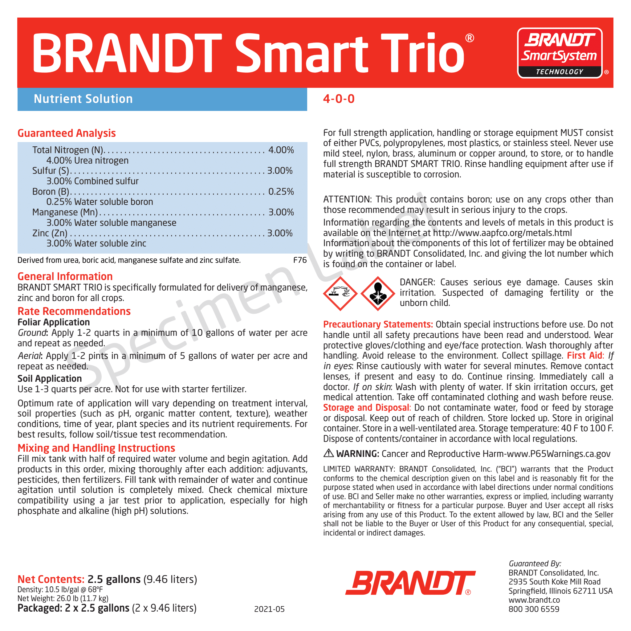 BRANDT® Smart Trio® (4-0-0)
3% S, .25% B, 3% Mn, 3% Zn