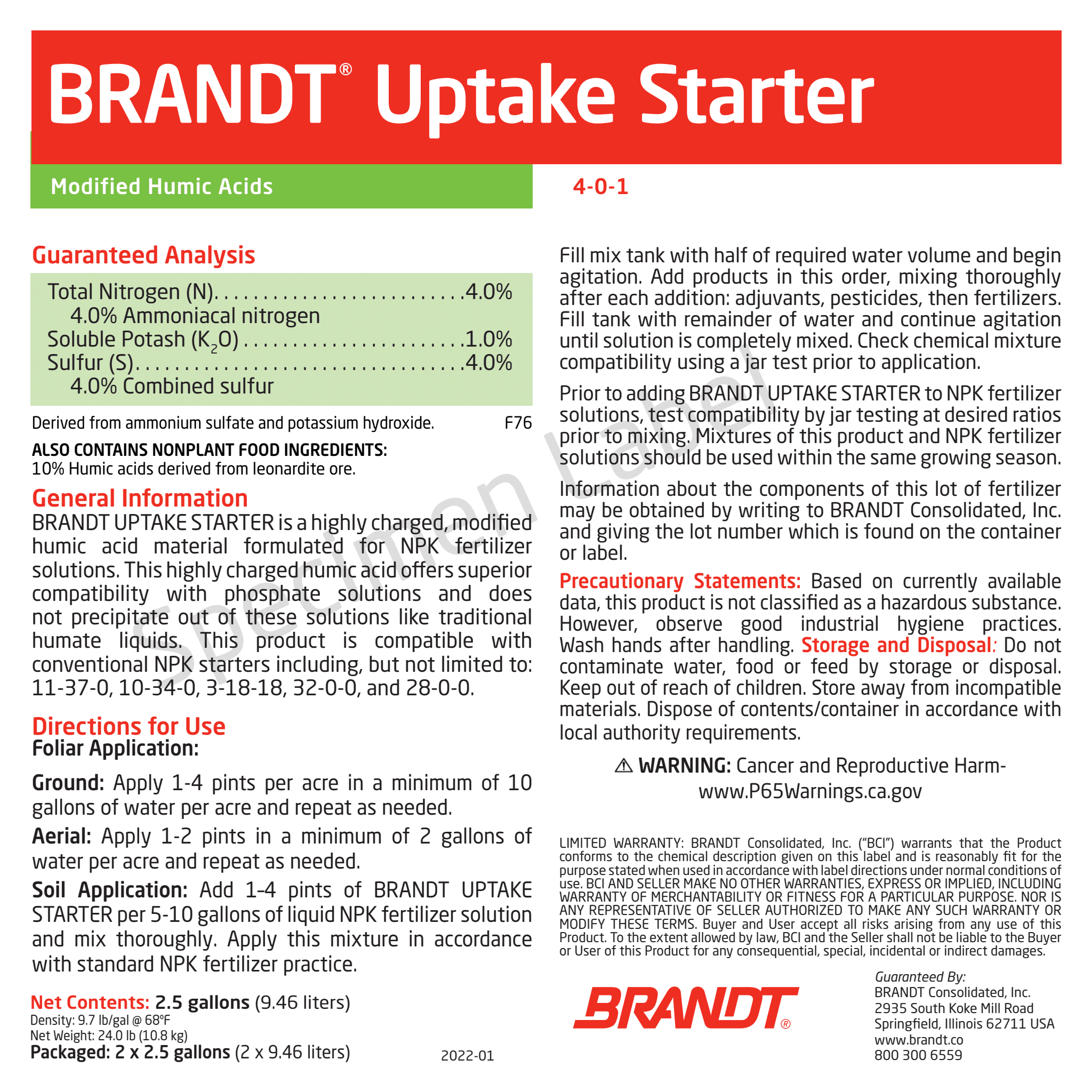 *BRANDT Uptake Starter (4% N, 1% K, 4% S, With 10% Humic Acid)
