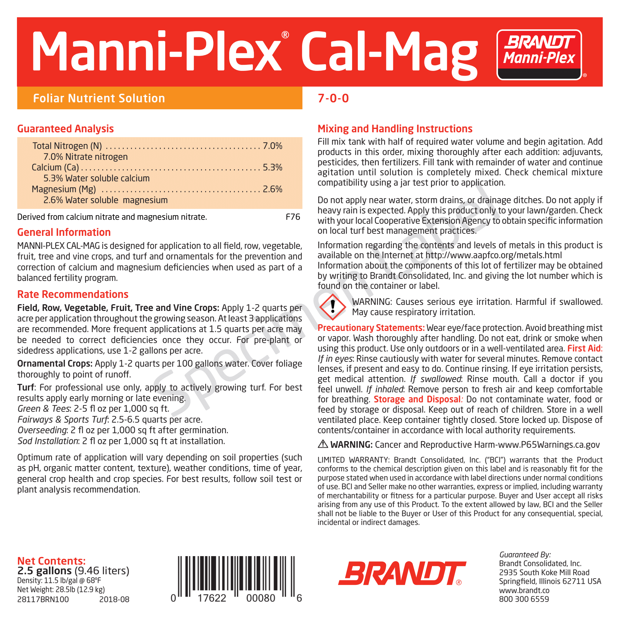 BRANDT Manni-Plex® Cal-Mag (7-0-0)
5.3% Ca, 2.6% Mg