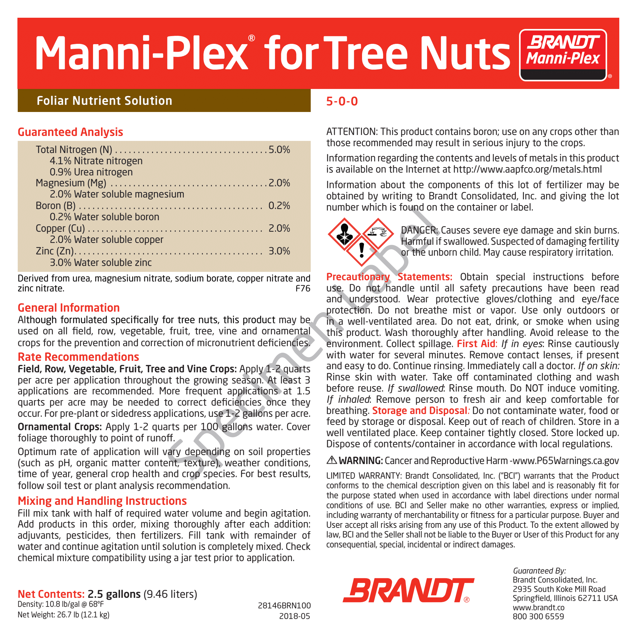 BRANDT Manni-Plex® for Tree Nuts
(5-0-0) 2.0% Mg, 0.2% B, 2.0% Cu, 3.0% Zn
