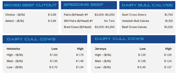 Pricing dashboard showing beef and dairy prices: Boxed Beef Cutout, Breeding Beef, Dairy Bull Calves with per‑lb and per‑head prices.