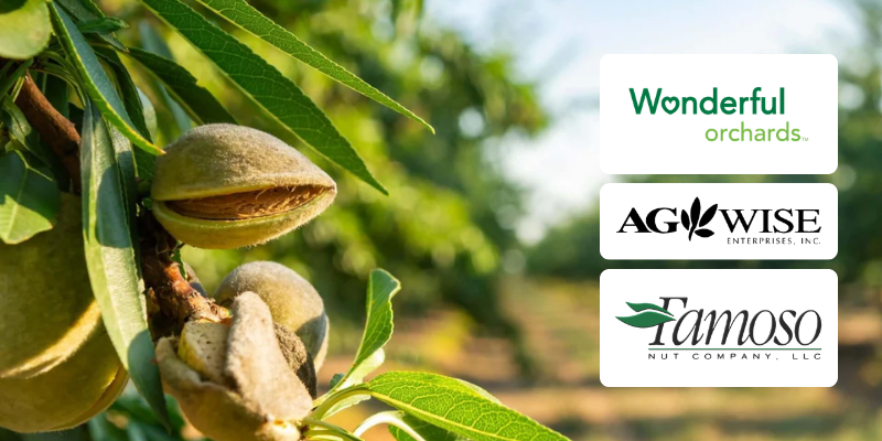 Web Banners - News Blogs - 2026-05-07T091624940 - The AG Center Almond tree with ripening nuts and three sponsor logos on the right: Wonderful Orchards, AG Wise, and Famoso Nut Company.