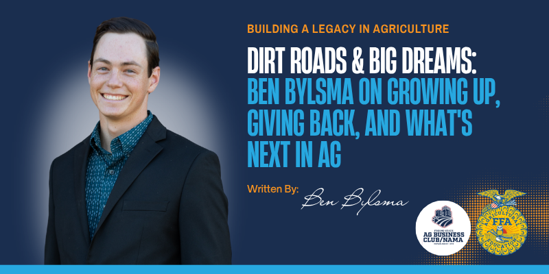 Web Banners - News Blogs - 2026-06-22T095006335 - The AG Center Hero banner with a smiling man in a dark suit on the left; bold blue headline about Ben Bylsma and agriculture, plus logos on the right.