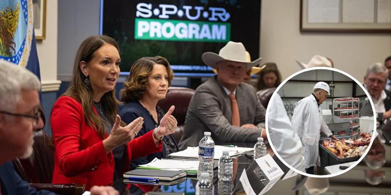 Web Banners - News Blogs - 2026-07-08T083734108 - The AG Center Officials discuss SPUR PROGRAM at a boardroom table as a woman in red speaks; inset shows a worker in a white coat handling meat at a processing station.