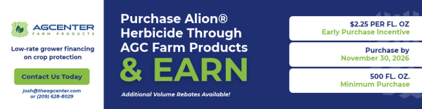 Advertising banner for AG Center Farm Products promoting Alion herbicide: left logo and contact info; center headline 'Purchase Alion Herbicide Through AG Farm Products & EARN' with a green ampersand; right side three rounded panels listing incentives: '