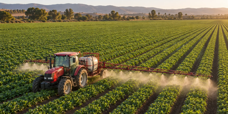 Red tractor spraying crops in a large green field at sunrise, leaving a mist behind.